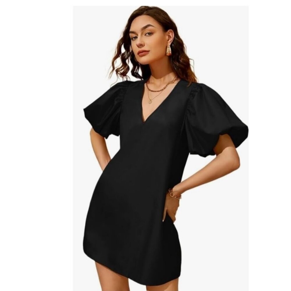Zara Trf Size 6 Black summer dresses with Short Sleeve V Neck Puff Sleeve Dress